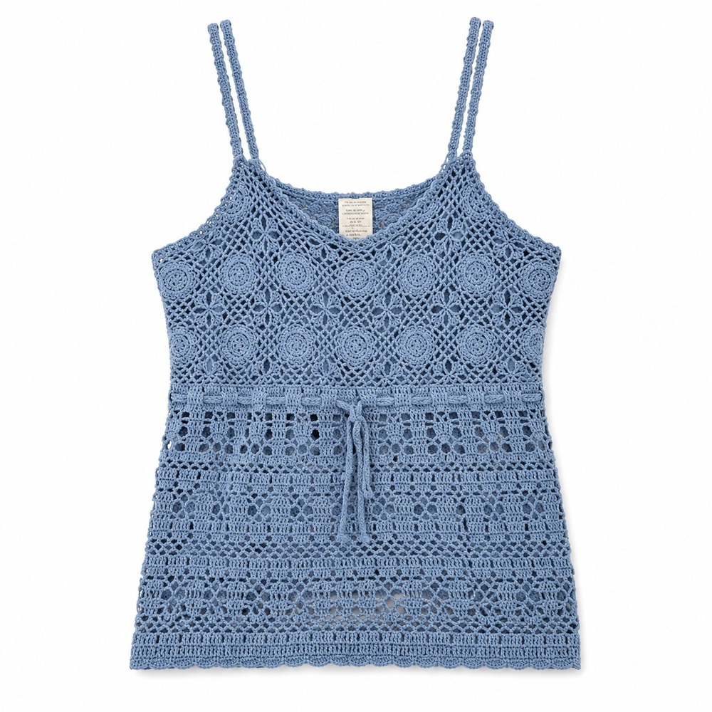 Crochet Camisole Tank Top Womens Medium Blue Open Knit Boho Y2K Festival